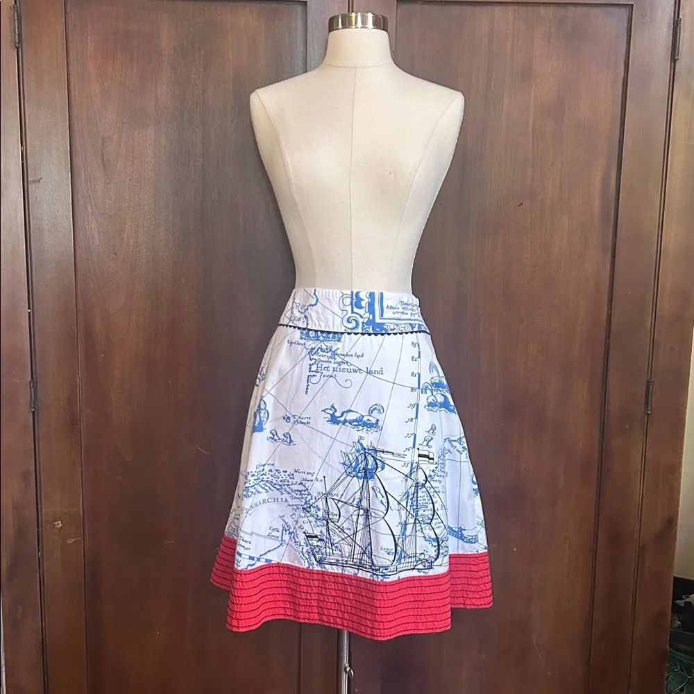 Y2K Seafarers Map Ship Embroidery Ric Rac Skirt 6P - Picture 1 of 14